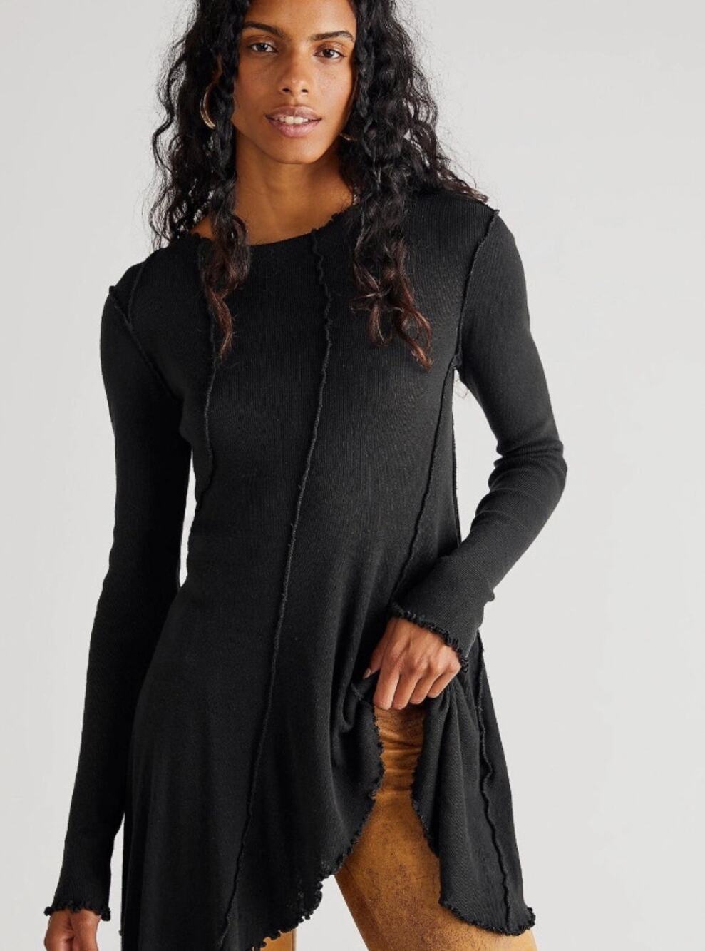 We The Free Black Ribbed Boho Long Sleeve Tunic Raw Hem Boho Women's size Small
